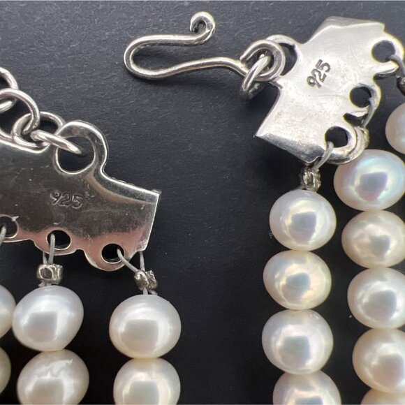 Vintage 3-Strand Glass Pearl Necklace Sterling Silver 925 Clasp Ornate Spacers - Picture 5 of 12